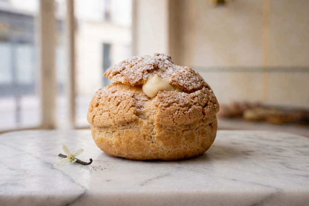 A golden PERLÉ choux pastry filled with vanilla cream