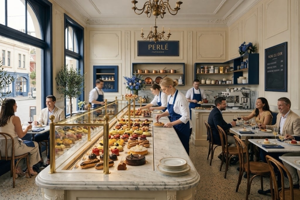 The warm, full-colour PERLÉ studio counter during service