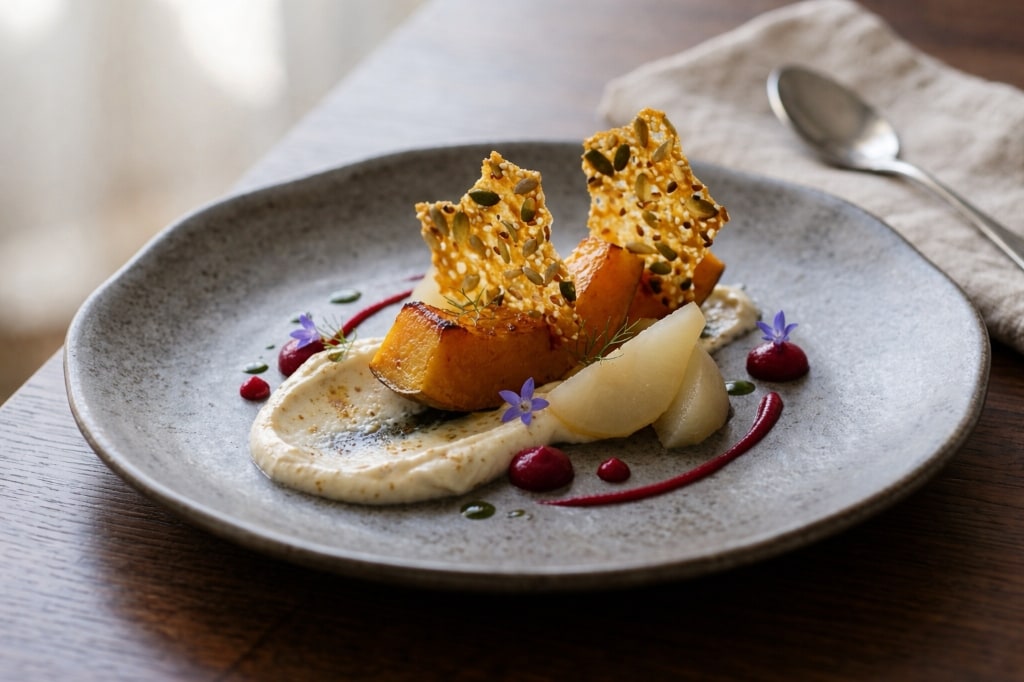A restrained seasonal pumpkin plate with pear, cream, and seed tuile
