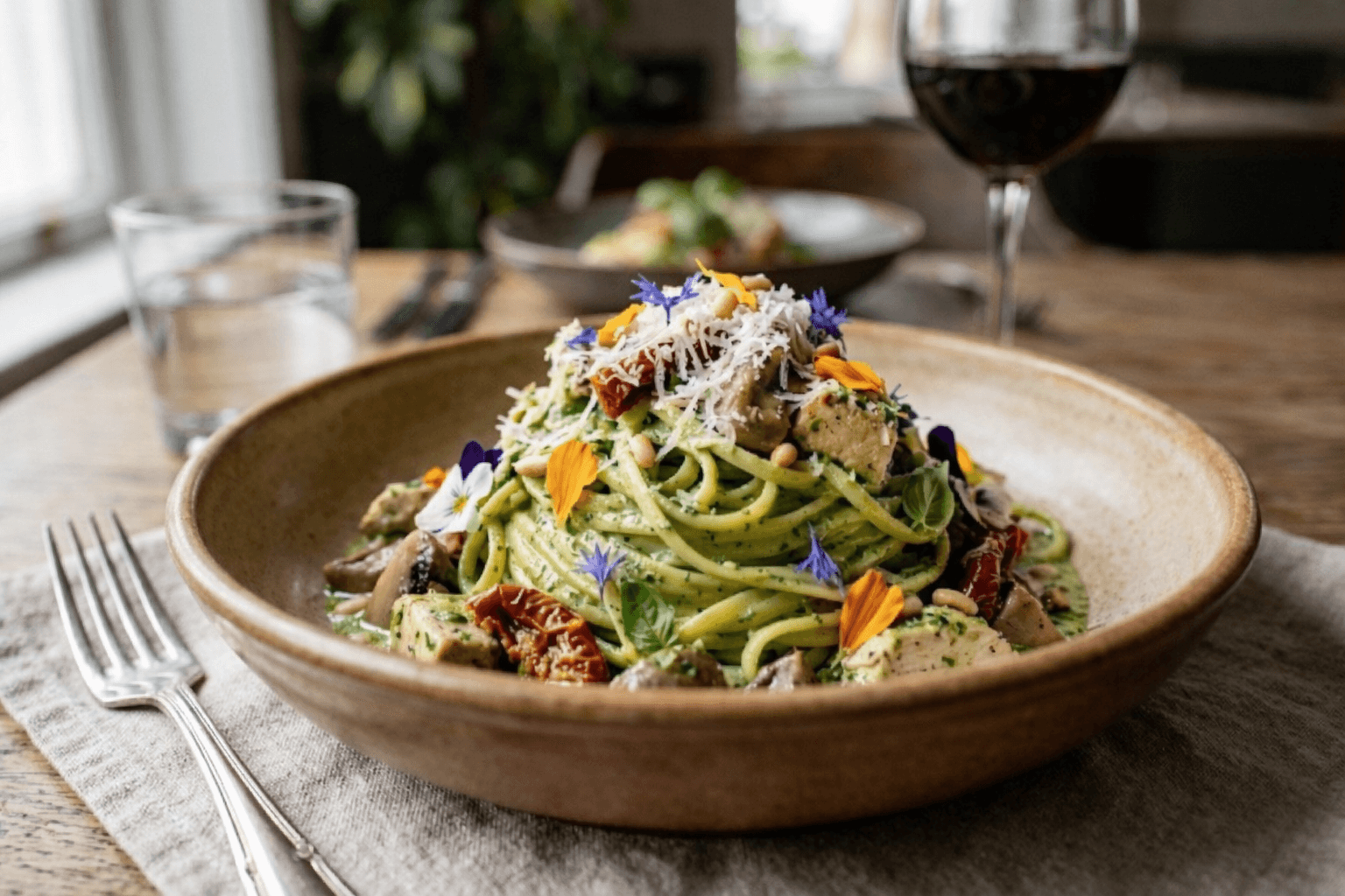 Chicken Pesto Cream Pasta with Champignon Confit & Semi Sun-Dried Tomatoes