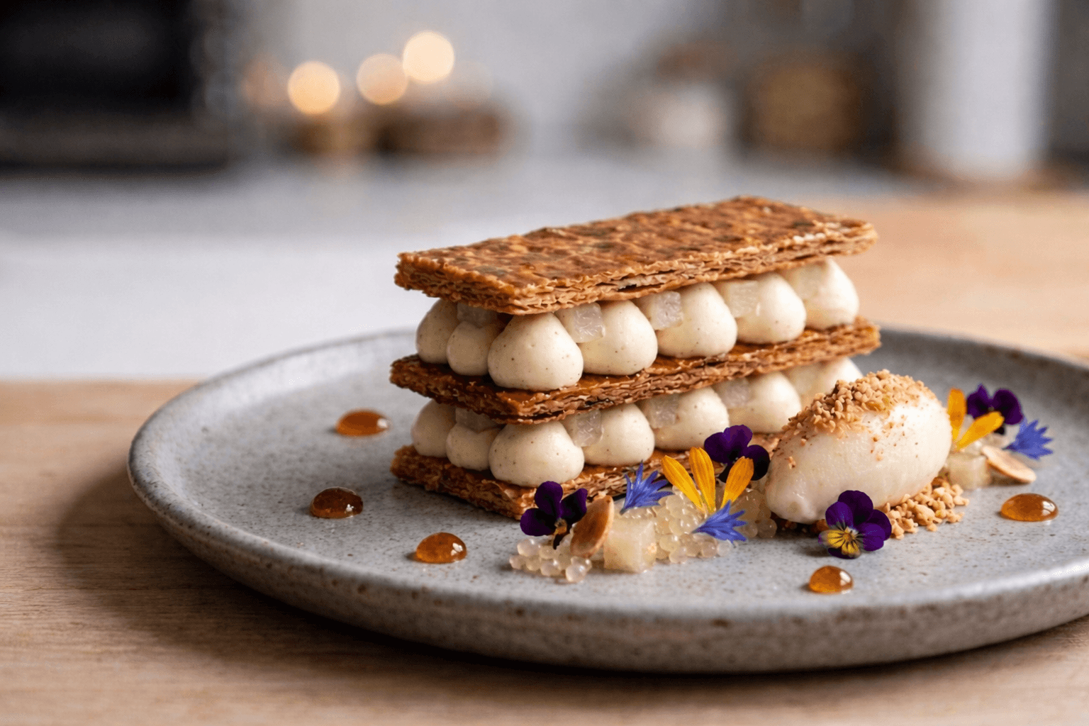 Mille-Feuille — Vanilla Bean Diplomat, Burnt Honey, Pear & Finger Lime Praline