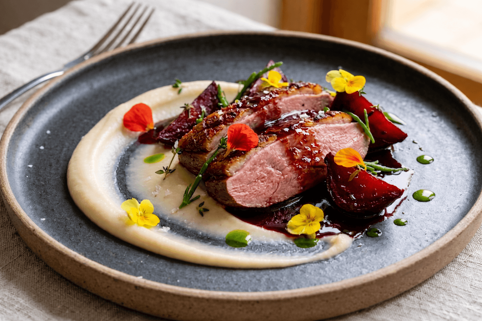 Dry-Aged Duck Breast, Rosella Jus, Smoked Beetroot, Celeriac Purée & Samphire Oil